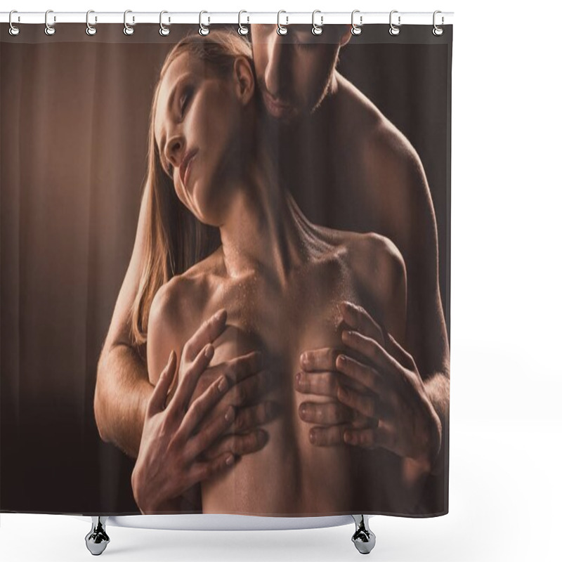 Personality  Boyfriend Touching Breast Of His Sexy Girlfriend, On Brown Shower Curtains