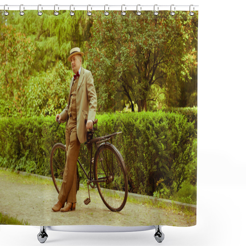 Personality  Mature Man Posing With Retro Bicycle In The Park Shower Curtains