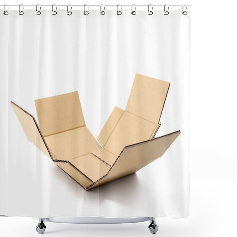 Personality  Carton Box To Fill Isolated On White Background. Cardboard Corrugated Box Open, As In An Exploded View, To Show Its Content That Will Be Inserted In Great Evidence. Surprise, Gift Or Purchase Concept. Shower Curtains