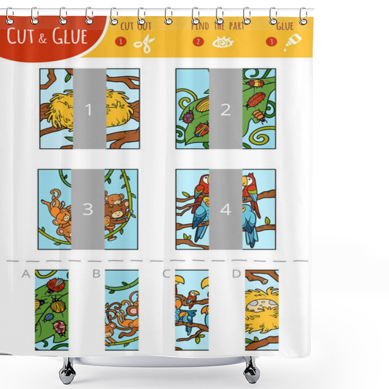 Personality  Find The Right Part, Education Cut And Glue Game For Children. Set Of Cartoon Illustration About Animals - Parrots, Monkeys, Bugs, Birds Nest Shower Curtains