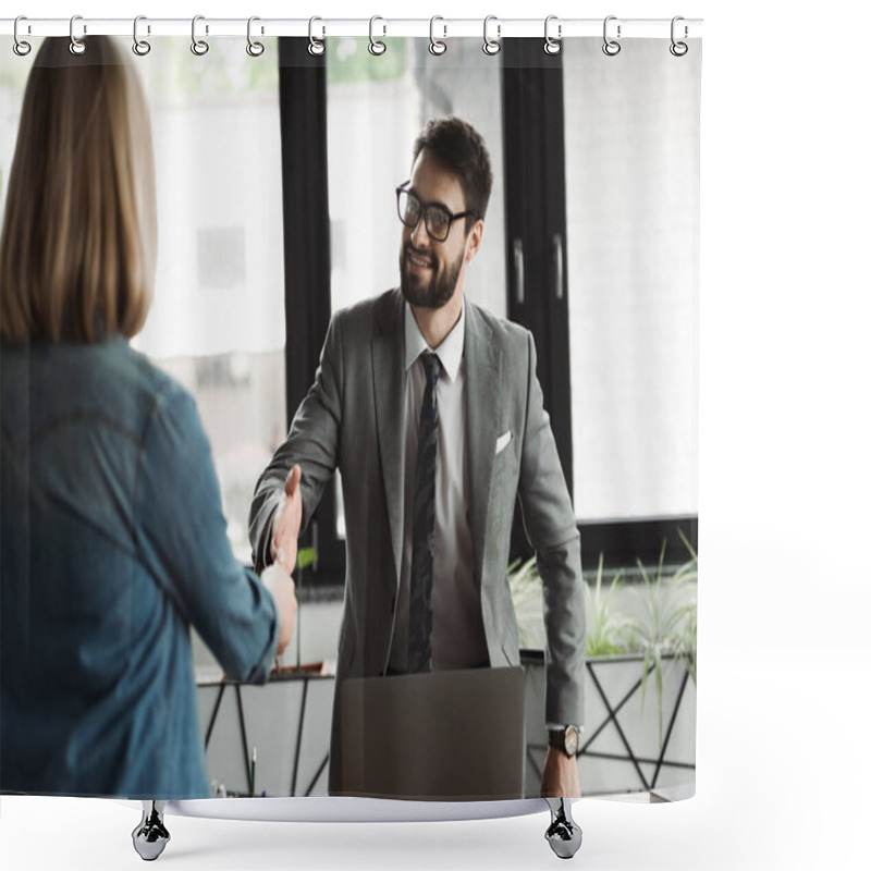 Personality  Businessman Shaking Hand Of Blurred Job Seeker During Interview In Office  Shower Curtains