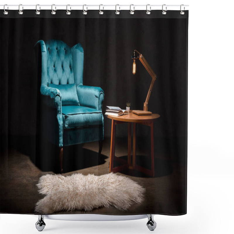 Personality  Elegant Velour Blue Armchair With Pillow Near Animal Skin Rug, Wooden Table And Lamp Isolated On Black Shower Curtains