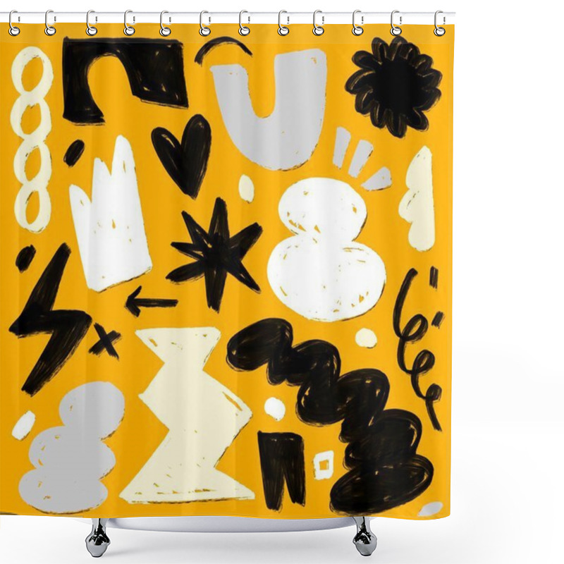 Personality  Creative Hand Drawn Doodles Featuring Abstract Shapes, Bold Symbols, And Brushstroke Textures In Black, White, And Gray On A Yellow Background. Shower Curtains