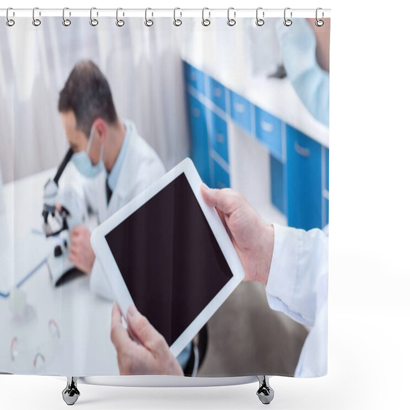 Personality  Scientist Holding Digital Tablet Shower Curtains