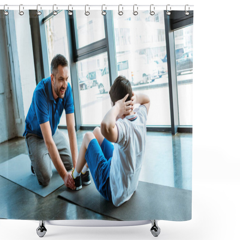 Personality  Father Helping Son With Sit Up Exercise At Gym Shower Curtains