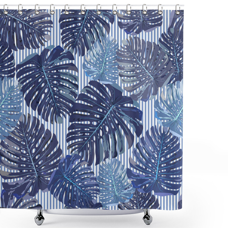 Personality  Blue Tropical Leaves Seamless Pattern On Strips Background. Vect Shower Curtains