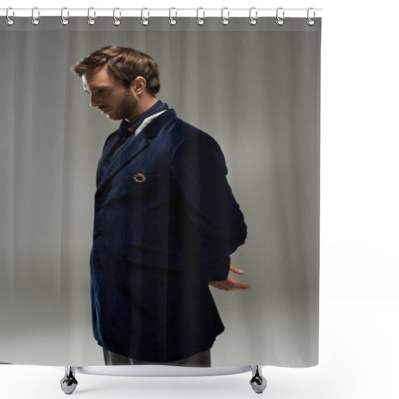 Personality  A Well Dressed Individual Stands With Poise, Hands Behind Back, Exuding Timeless Elegance And Charm. Shower Curtains