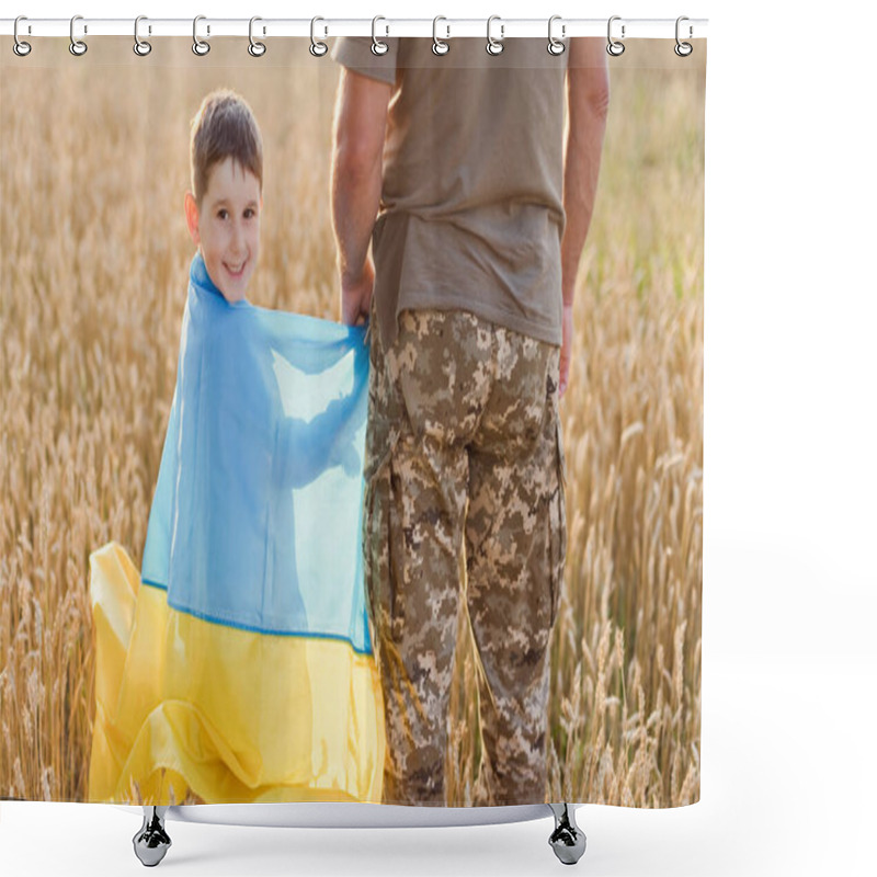 Personality  Military Man And Child With Ukraine Flag In Wheat Field. Ukraine Independence Day Concept. Stop War In Ukraine. Save Ukraine Shower Curtains