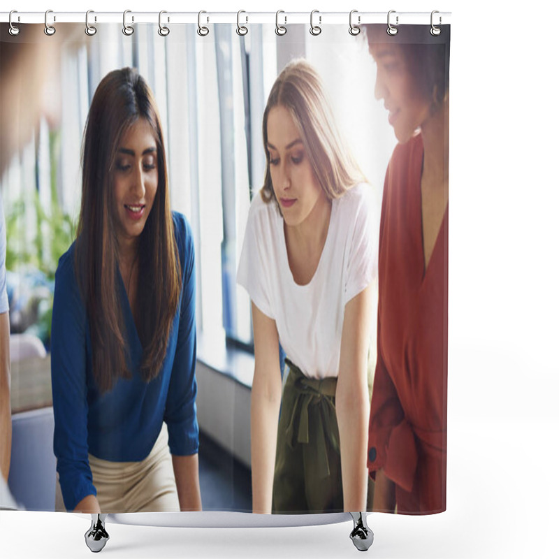 Personality  Three Businesswomen Working At Office Table  Shower Curtains