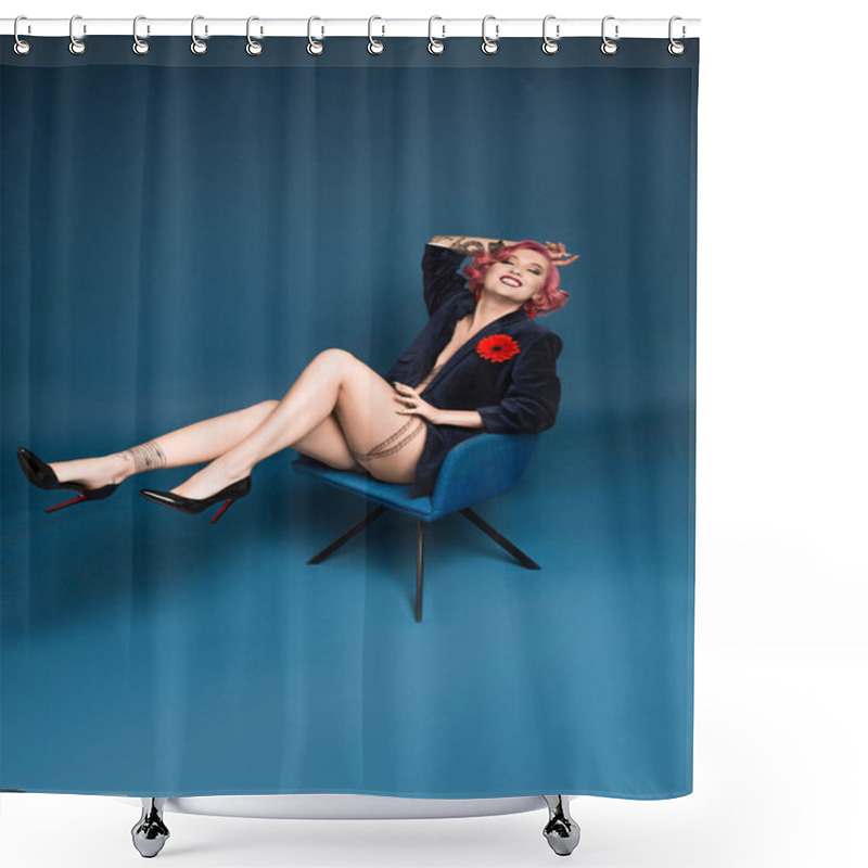 Personality  Beautiful Tattoed Pin Up Girl In Jacket With Boutonniere Posing On Armchair Infront Of Blue Background Shower Curtains