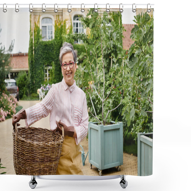 Personality  Cheerful Mature Woman Holding Big Straw Basket And Smiling At Camera Near Her House In England Shower Curtains