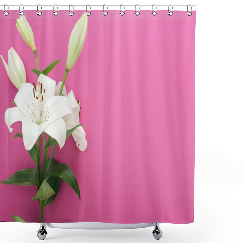 Personality  Beautiful White Lilies With Green Leaves And Buds On Pink Background Shower Curtains