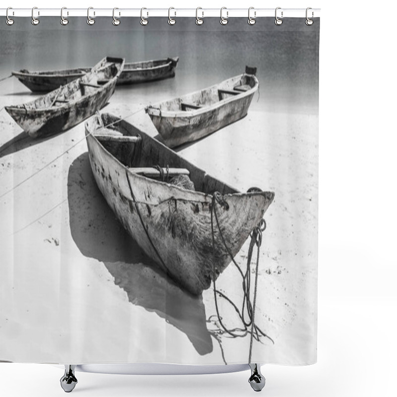 Personality  Beautiful Zanzibar Coast Line. Wooden Fisherman Boats On Sandy Beach. Black And White Picture, Zanzibar, Tanzania Shower Curtains