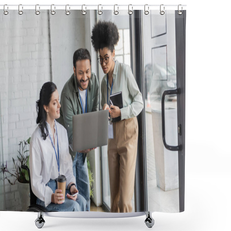 Personality  Group Happy Diverse Business People, Disabled Woman On Wheelchair Looking At Laptop With Coworkers Shower Curtains