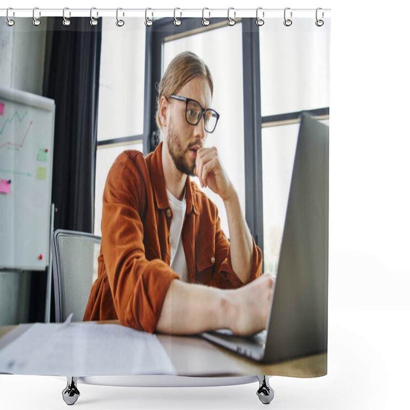 Personality  Concentrated Bearded Businessman In Eyeglasses And Trendy Shirt Working In Office, Thinking Near Laptop, Documents And Flip Chart With Analytics On Blurred Background  Shower Curtains