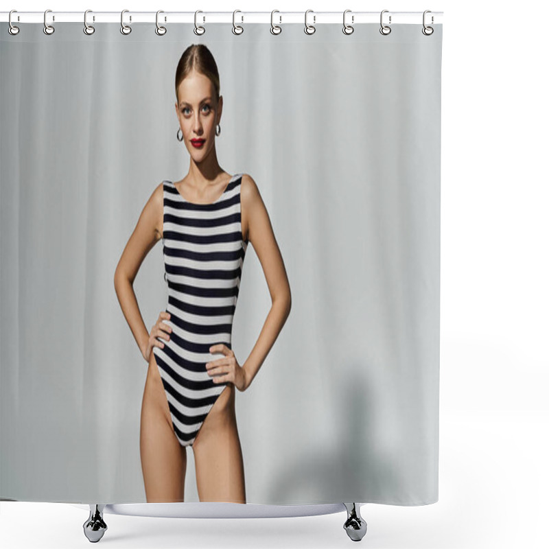 Personality  Stylish Woman Striking A Pose In A Black And White Striped Swimsuit. Shower Curtains