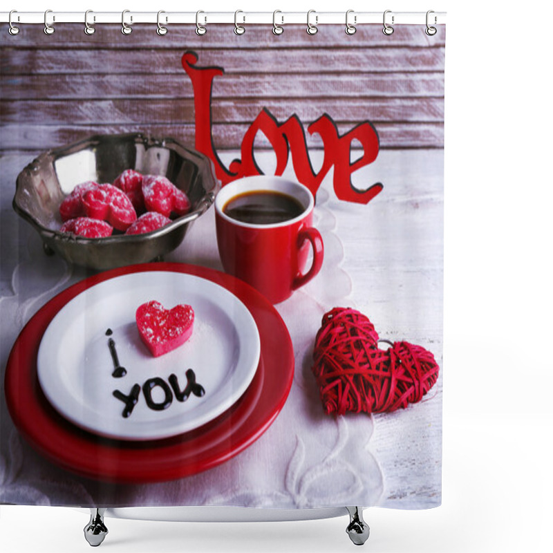 Personality  Cookie In Form Of Heart On Plate With Inscription I Love You On Color Wooden Table Background Shower Curtains