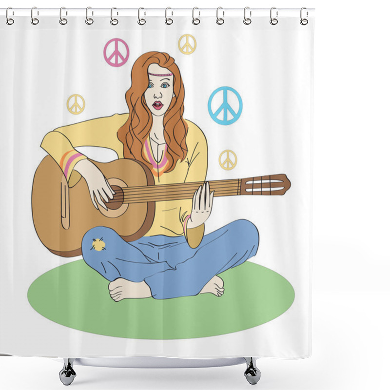 Personality  Hippie Girl With Guitar. Shower Curtains