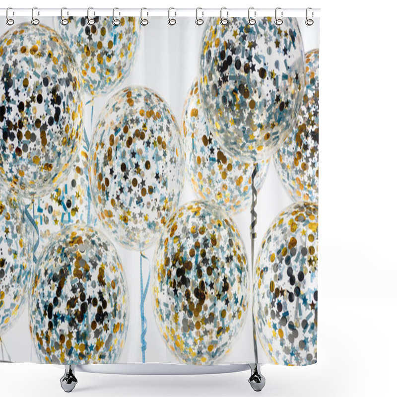 Personality  Big Balloons With Golden And Blue Confetti And Stars, Isolated On White Shower Curtains