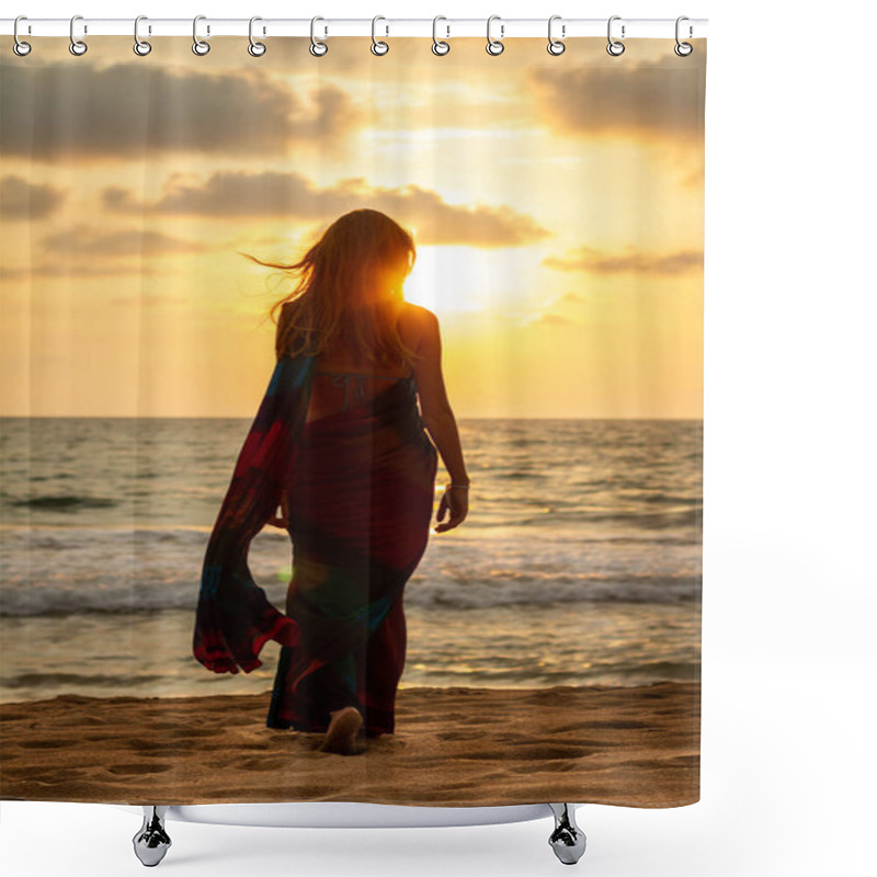 Personality  Beautiful Girl In Traditional Clothes (sari) On The Deserted Tropical Sandy Beach Of The Ocean At Sunset Shower Curtains