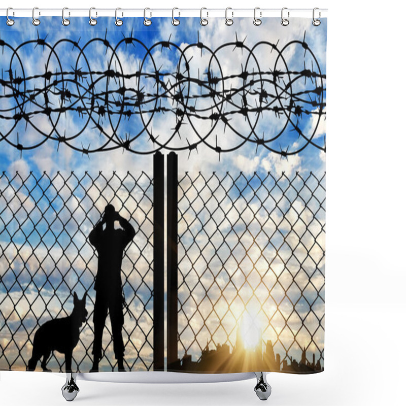 Personality  Silhouette Of A Border Guard With A Dog Shower Curtains