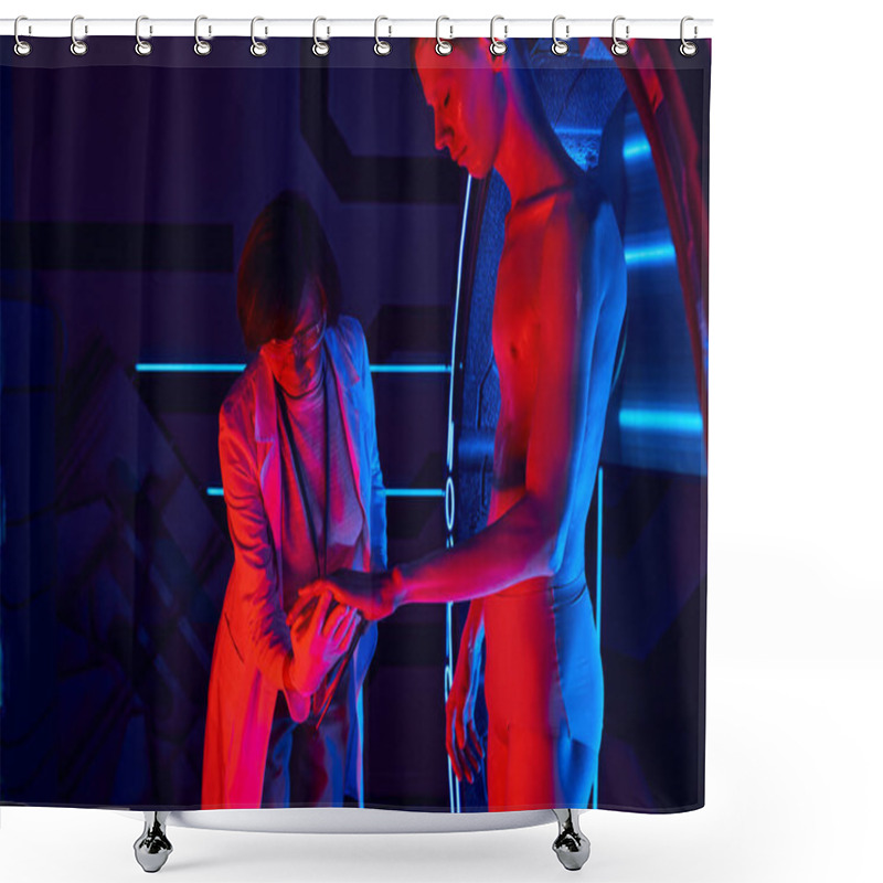 Personality  Alien Life Exploration, Woman Scientist Touching Hand Of Otherworldly Humanoid In Science Center Shower Curtains