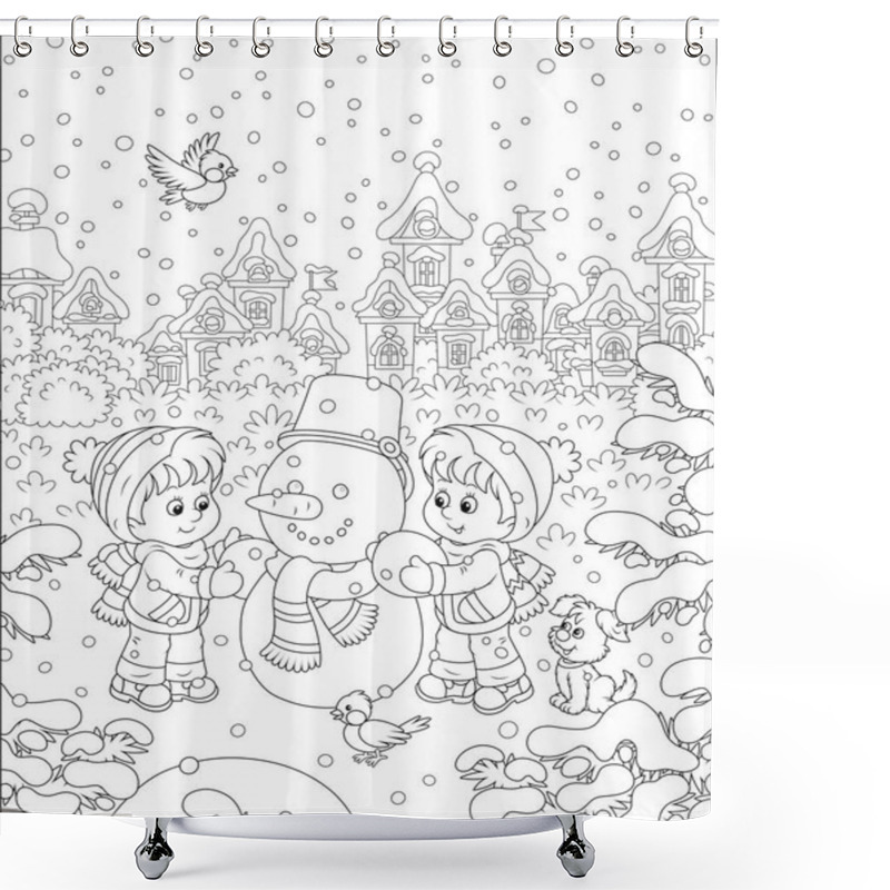 Personality  Smiling Little Kids Making A Funny Snowman With A Bucket And A Scarf On A Snow-covered Playground Of A Winter Park Of A Small Town, Black And White Vector Illustration In A Cartoon Style Shower Curtains