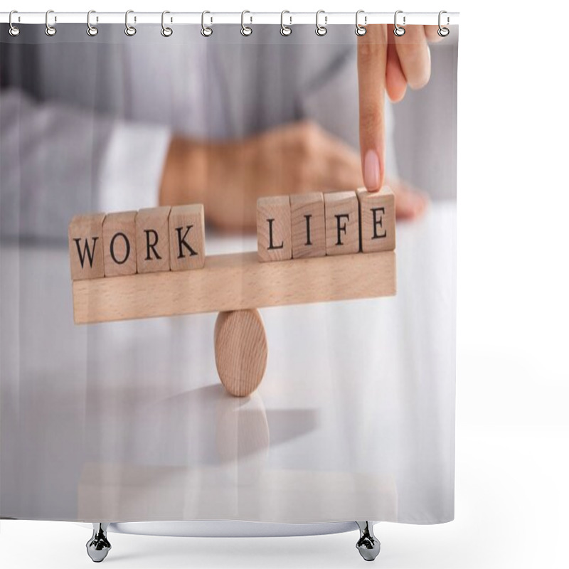 Personality  Close-up Of Businessperson's Finger Showing Imbalance Between Work And Life On Wooden Seesaw Shower Curtains