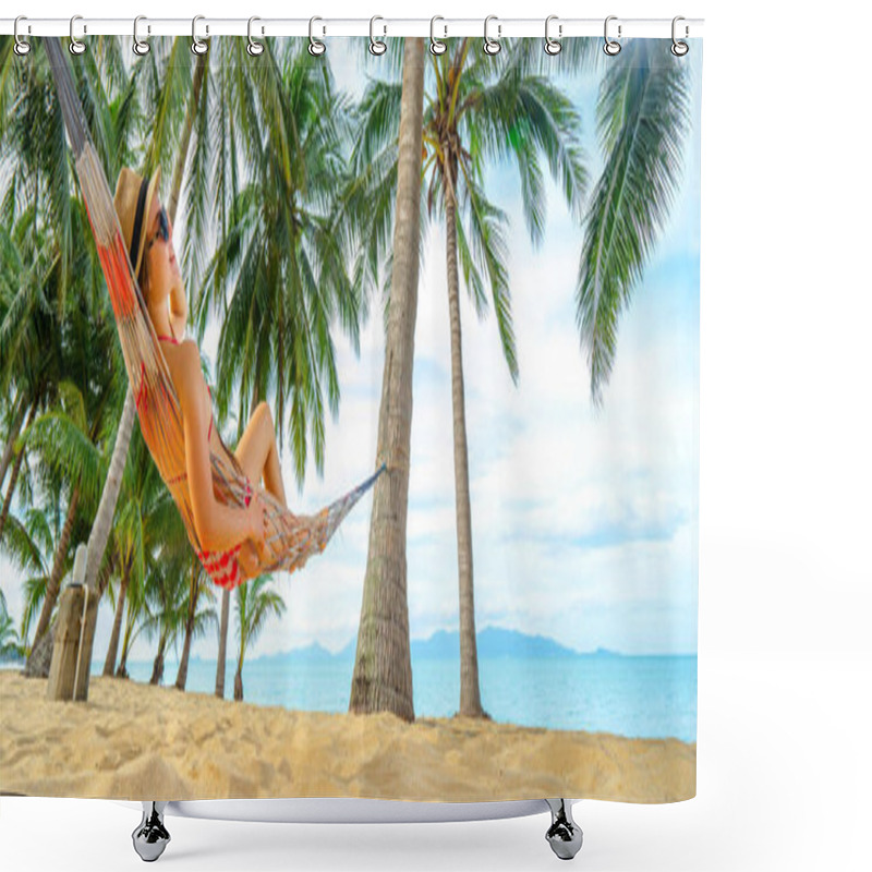 Personality  Young Happy Woman In Hat And Sunglasses Laying In Hammock On The Tropical Beach. Banner Edition. Shower Curtains