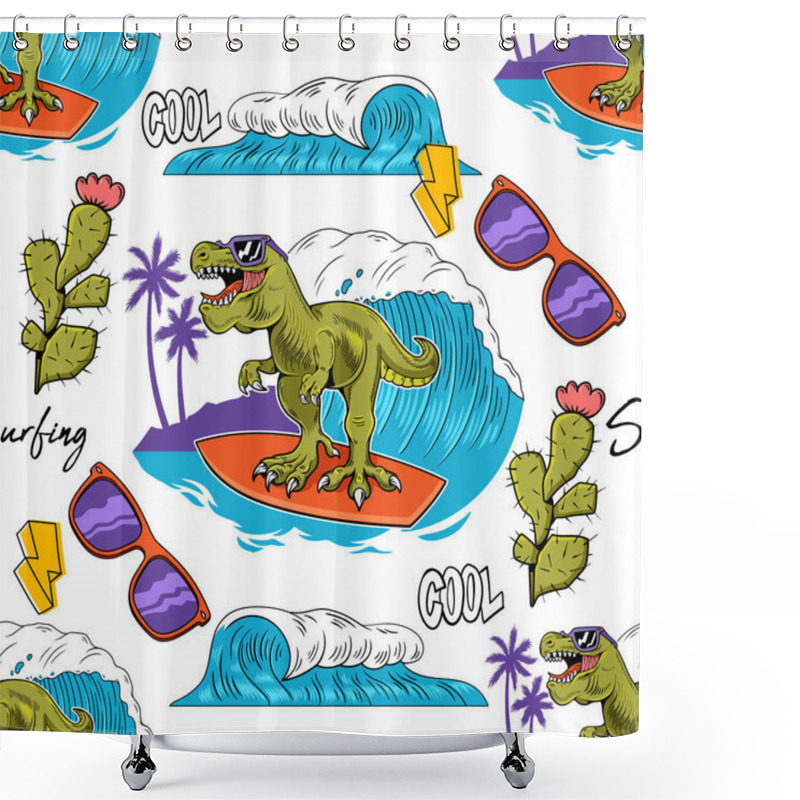 Personality  Surfer T-REX Dinosaur Seamless Pattern Fashion Design  Shower Curtains