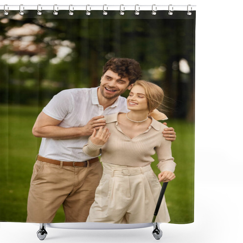 Personality  A Stylish Man And Woman Strike A Pose In A Picturesque Park Setting, Embodying Timeless Sophistication And Romance. Shower Curtains