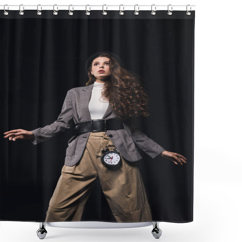 Personality  Low Angle View Of Fashionable Shocked Young Woman With Clock Looking Away Isolated On Black  Shower Curtains