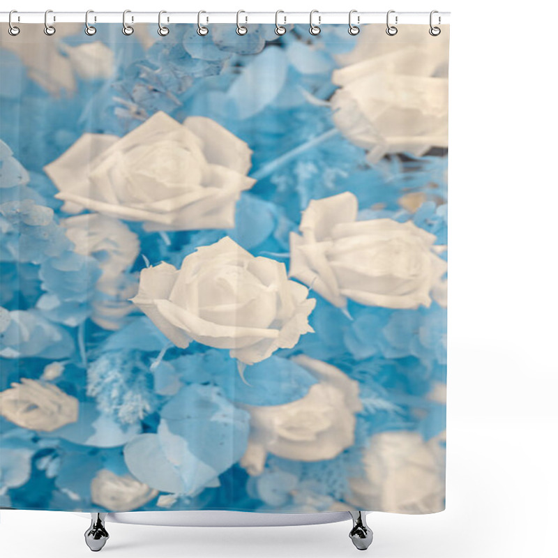 Personality  Infrared Photography, A Composition Of Flowers, Primarily Roses, In Shades Of Blue And White Shower Curtains