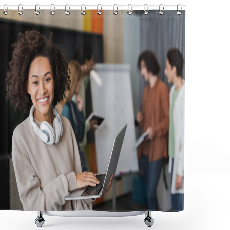 Personality  African American Woman With Computer Smiling At Camera While Multicultural Students Talking Near Blurred Whiteboard Shower Curtains