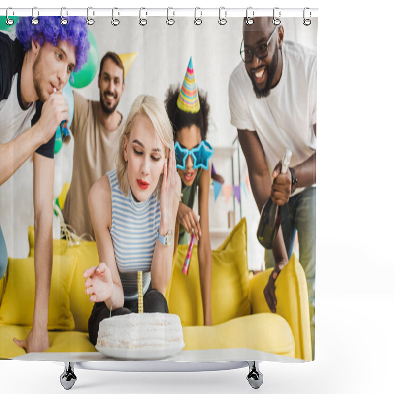 Personality  Blonde Woman Blowing Candle On Birthday Cake By Her Cheerful Friends Shower Curtains