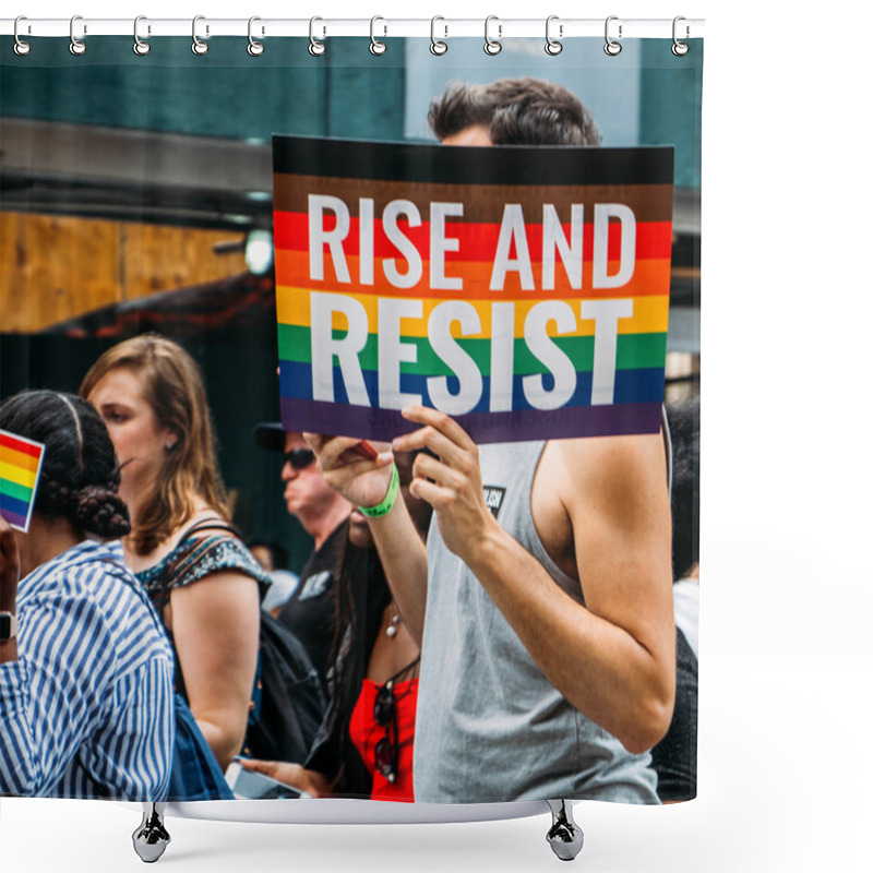 Personality  New York, USA - June 24, 2018: The Annual New York City LGBT Pride March, Or New York City Pride March, Traverses Southward Down Fifth Avenue And Ends At Greenwich Village In Lower Manhattan Shower Curtains