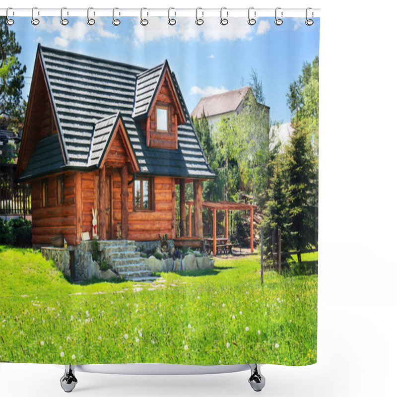 Personality  Beautiful Modern Wooden Country House With Swing And Barbecue Place, Vacation Rest Concept Shower Curtains