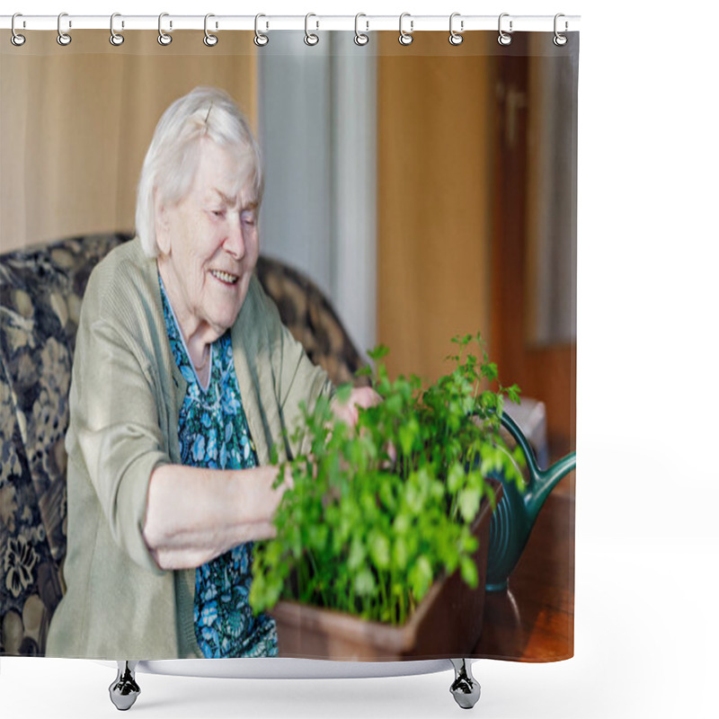 Personality  Senior Woman Of 90 Years Watering Parsley Plants With Water Can At Home Shower Curtains