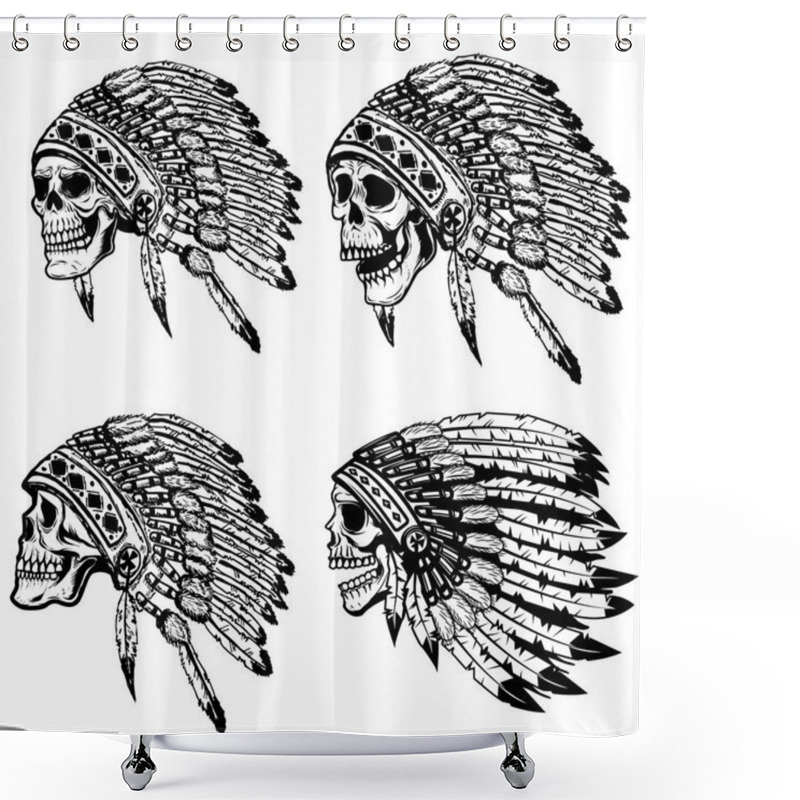 Personality  Set Of The Skulls In Native American Headdress. Design Elements Shower Curtains