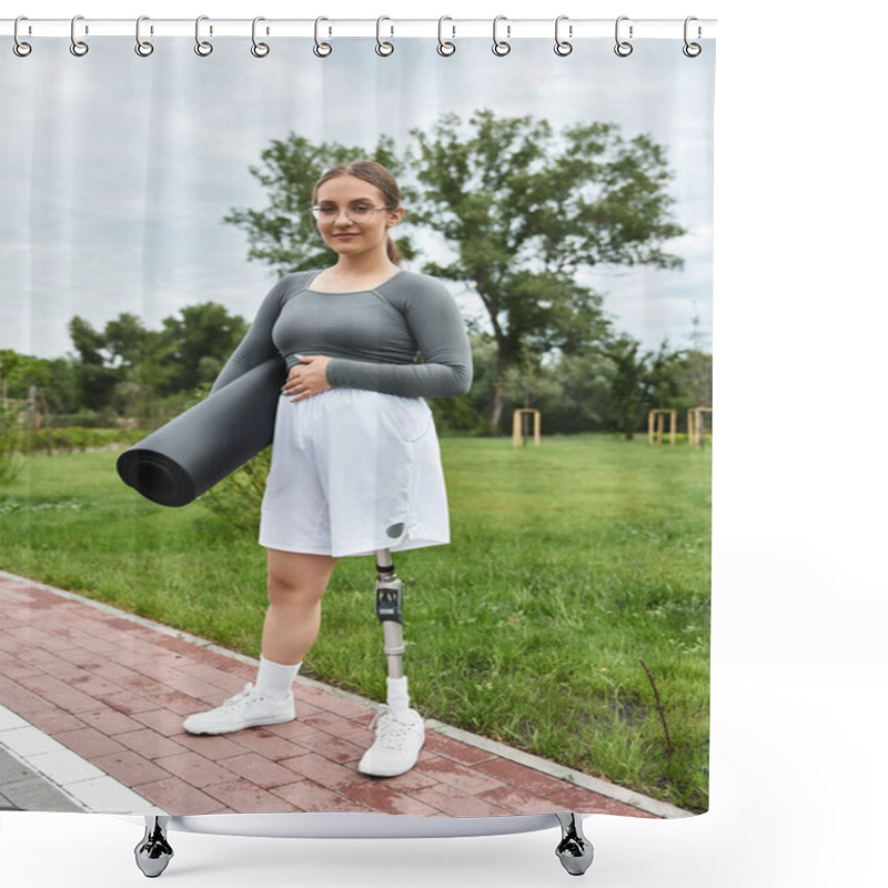 Personality  A Young Woman With A Prosthetic Leg Exercises Outdoors, Showcasing Strength And Determination While Holding A Yoga Mat. Shower Curtains