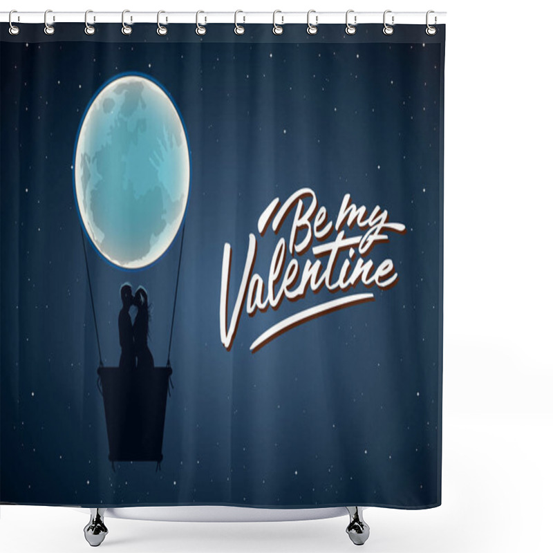 Personality  Be My Valentine. Silhouette Of Loving Couple Kissing Against The Full Moon, Vector Illustration. Shower Curtains