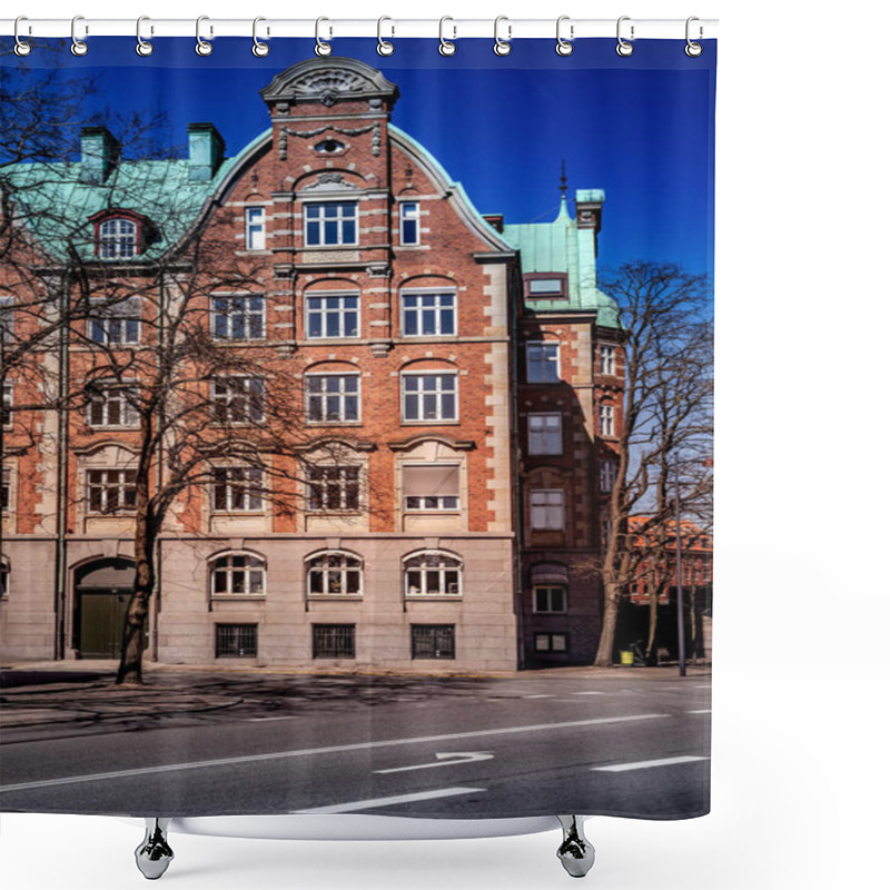 Personality  Beautiful Old Building With Large Windows And Decorations On Empty Street In Copenhagen, Denmark Shower Curtains