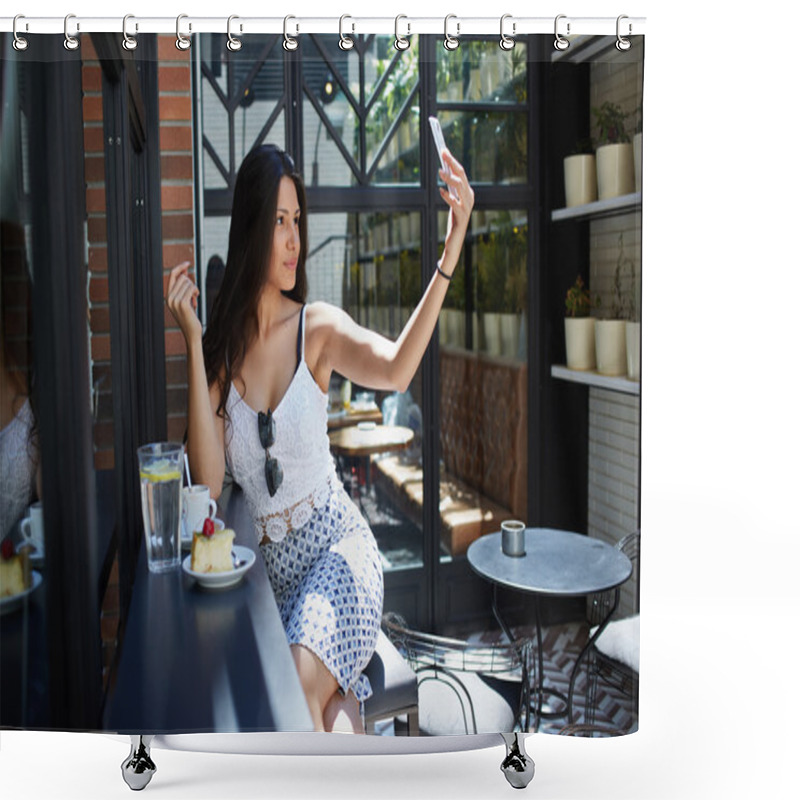 Personality  Charming Girl Taking Picture Of Herself Shower Curtains