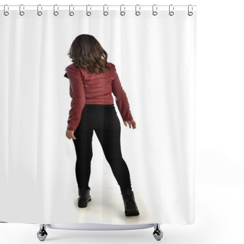 Personality  Full Length Portrait Of Brunette Girl Wearing Red Leather Jacket, Black Jeans And Boots. Standing Pose, Isolated On White Studio Background. Shower Curtains