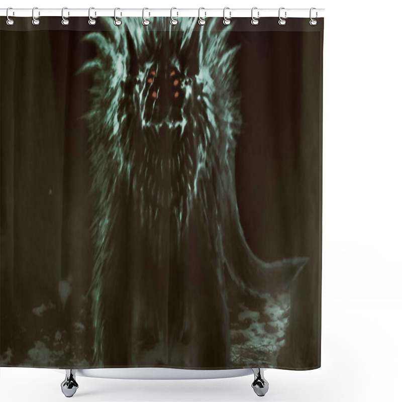 Personality  Alien Wolf Emerges From Dark Forest And Opens His Mouth. Illustration In Genre Of Horror. Shower Curtains