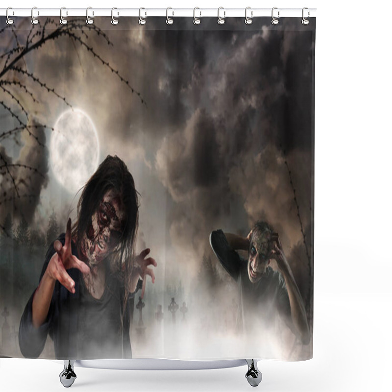 Personality  Scary Zombies At Misty Cemetery Under Full Moon. Halloween Monsters Shower Curtains