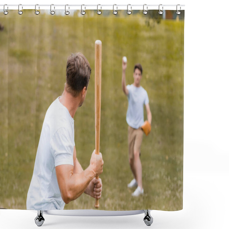 Personality  Back View Of Father Holding Softball Bat While Playing Baseball With Teenager Son  Shower Curtains