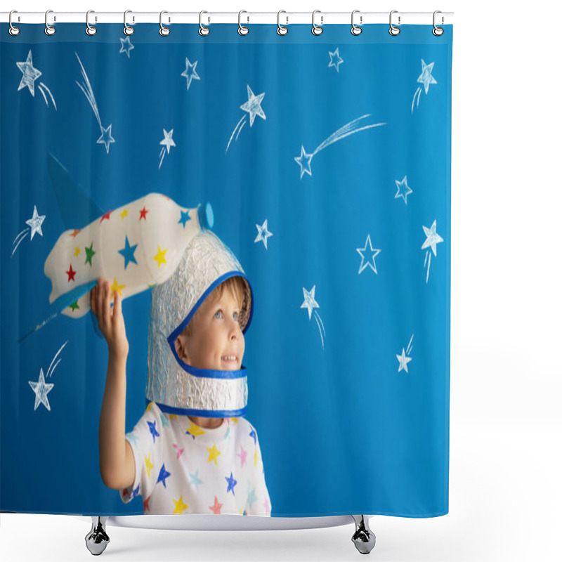 Personality  Happy Child Playing With Toy Rocket Against Blue Background. Kid Pretend To Be Astronaut. Imagination And Children Dream Concept Shower Curtains