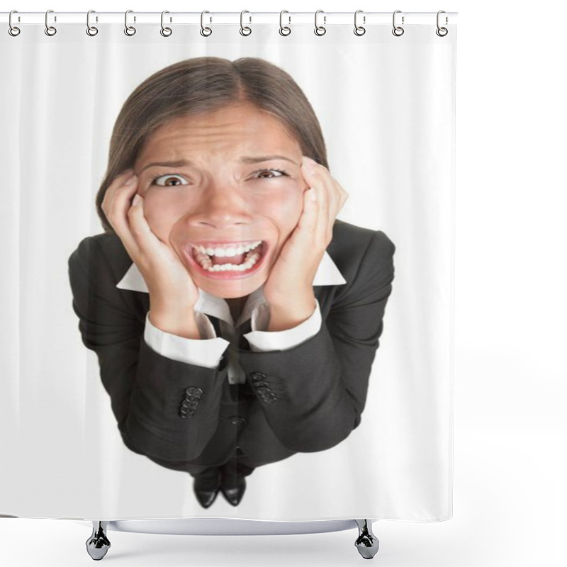 Personality  Funny Businesswoman With Stress Isolated. High Angle View Fish Eye Like Image Of Stressed Young Woman In Suit, Isolated On White Background. Shower Curtains