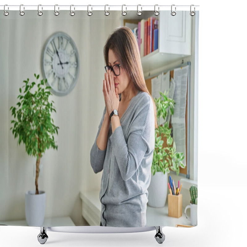 Personality  Middle Aged Unhappy Thoughtful Anxious Tense Suffering Lonely Woman Standing At Home. Physical Mental Health Problems, Fatigue Depression Stress Anxiety Menopause Symptoms, Mature People Concept Shower Curtains